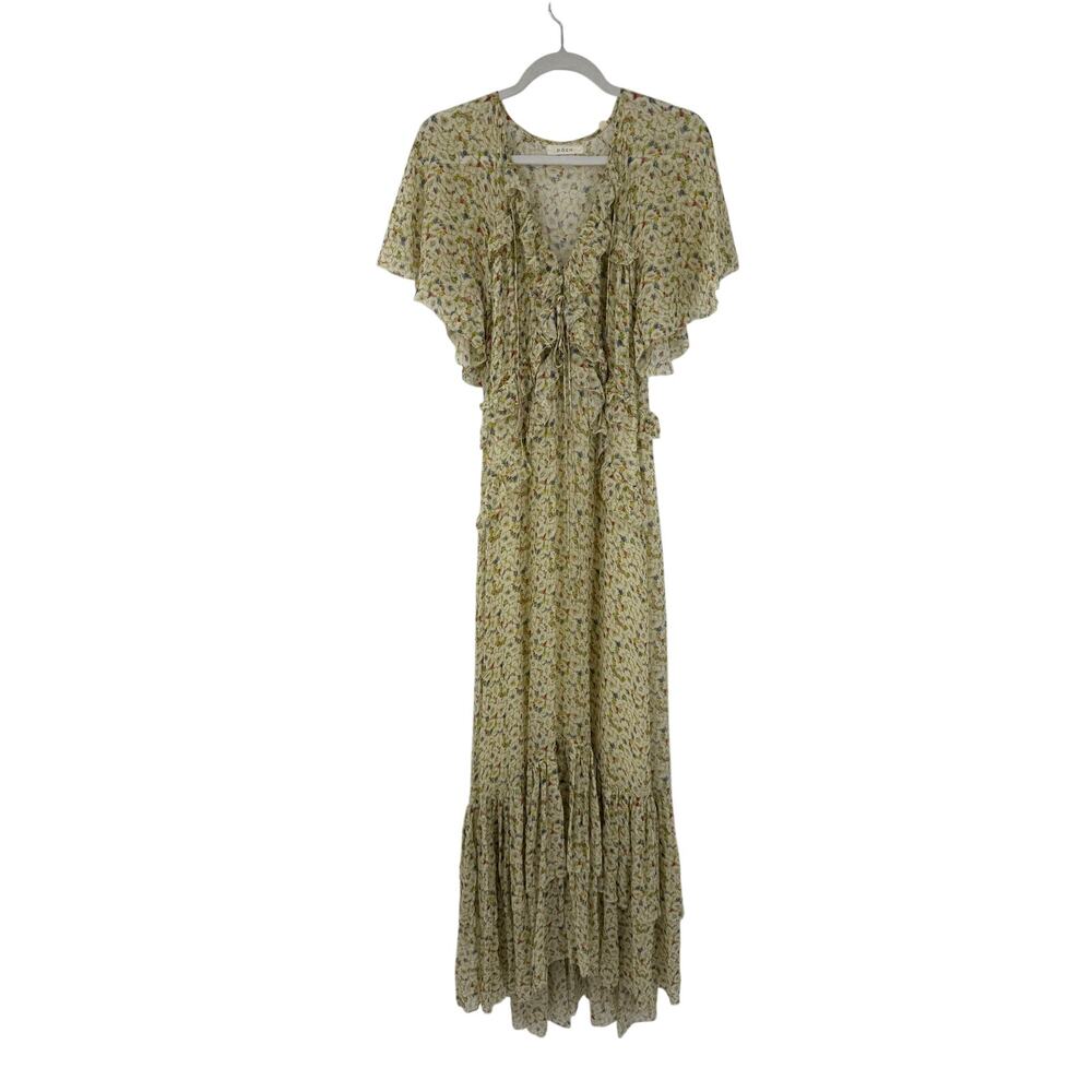 Doen Antoinette Maxi Dress Yellow Victoria Floral Printed Silk Ruffle Sheer M - Picture 3 of 13